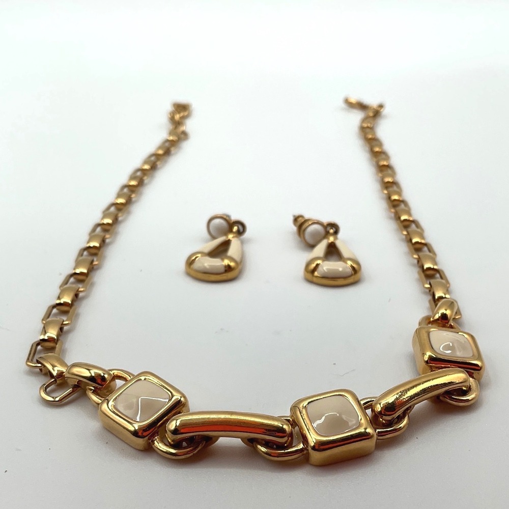 Vintage Monet Jewelry Set Gold Tone White Enamel Link Necklace Dangle Earrings
